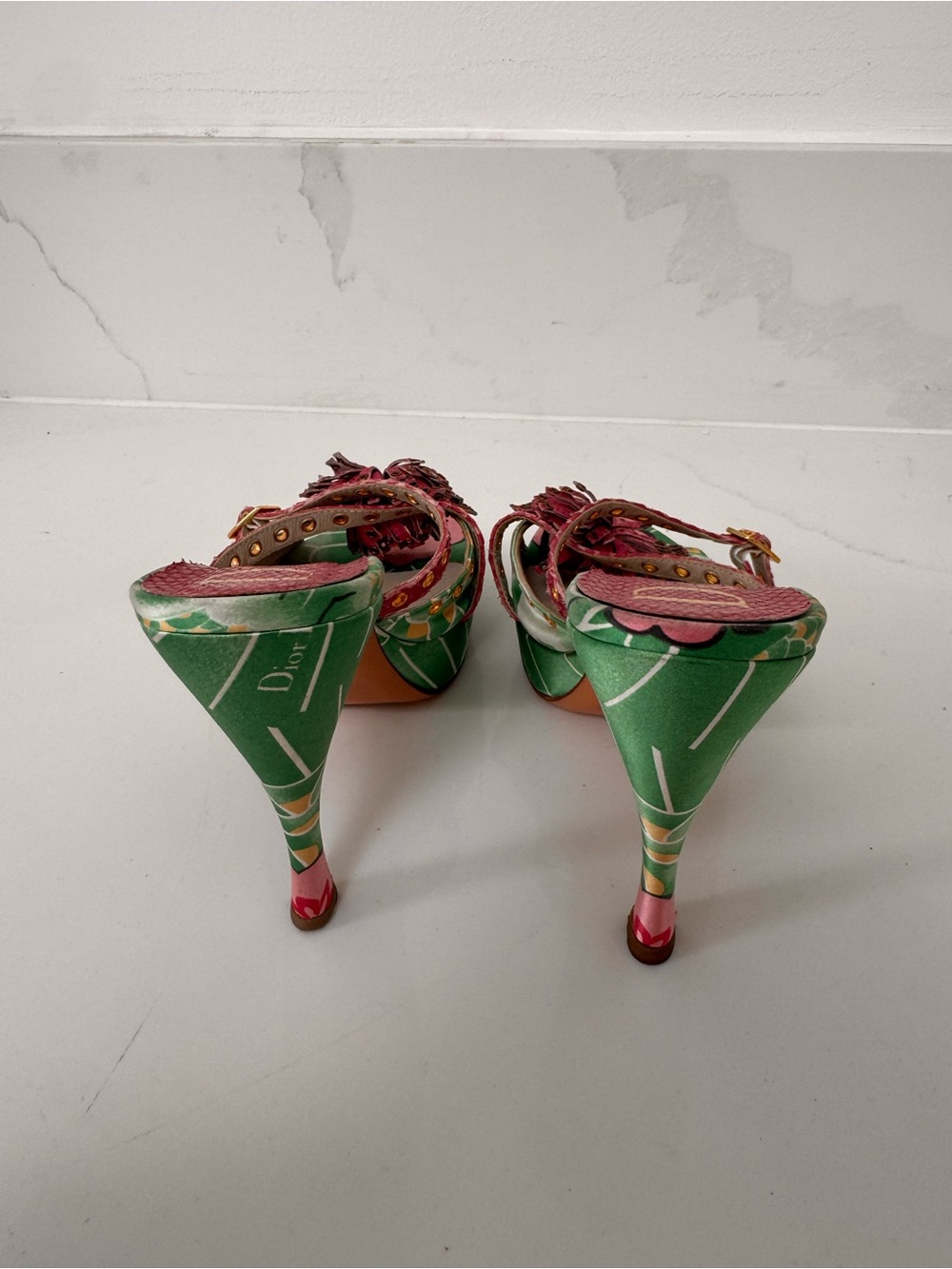 Dior Koi Pink & Green Floral python High Heel Mules 39 - Picture 6 of 7